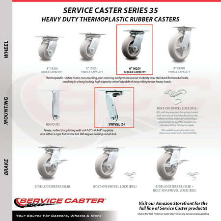 Service Caster 6 Inch Thermoplastic Caster Set with Roller Bearings 2 Swivel 2 Rigid SCC SCC-35S620-TPRRD-2-R-2